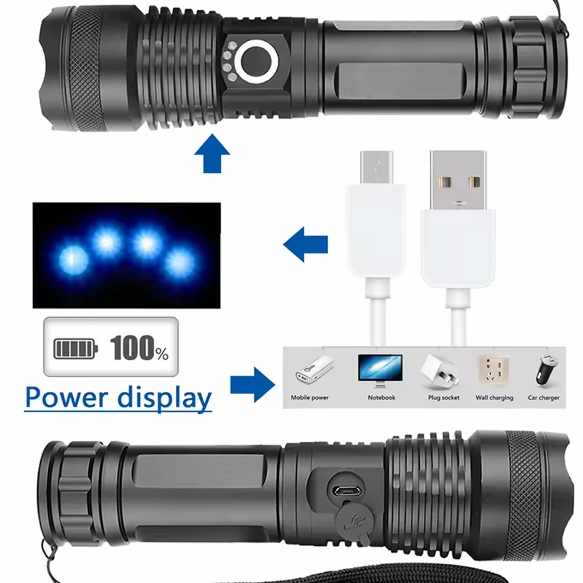 Rechargeable Waterproof Zoom LED Flashlight USB Torch Light